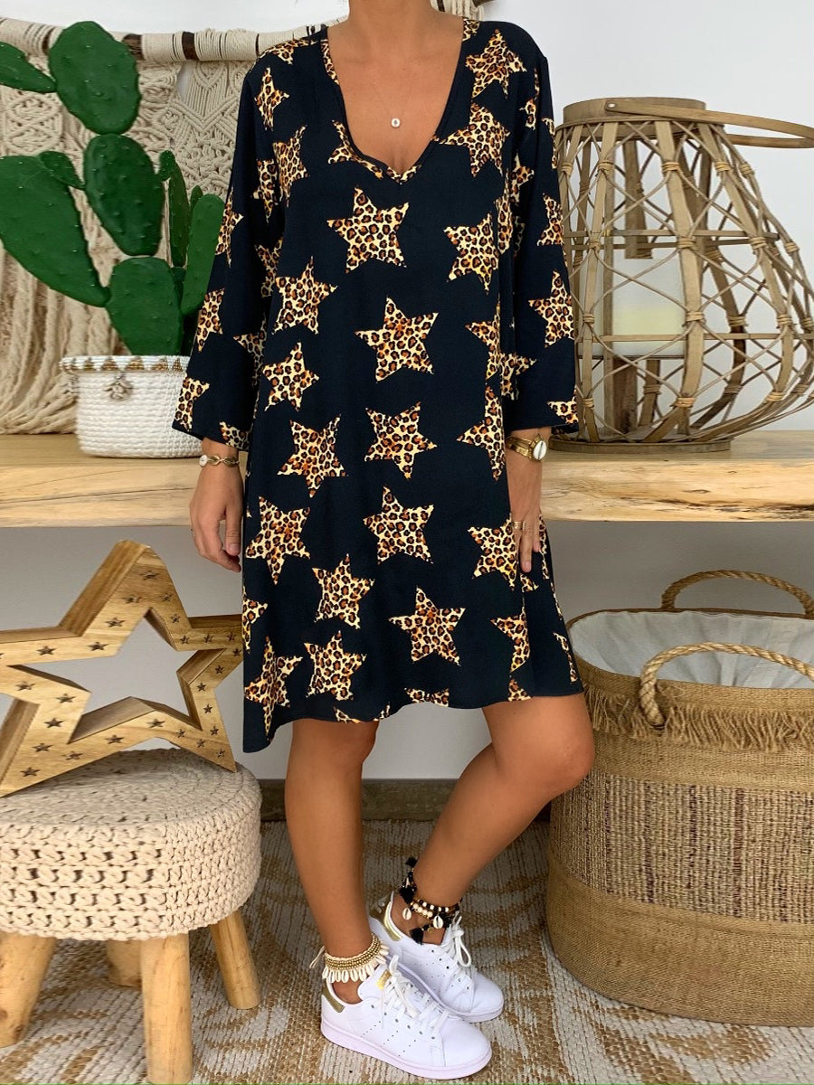 V-neck Long Sleeve Star Print Midi Dress