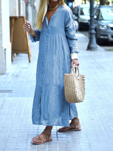Retro Long Sleeve Loose High Waist Button Casual Dress