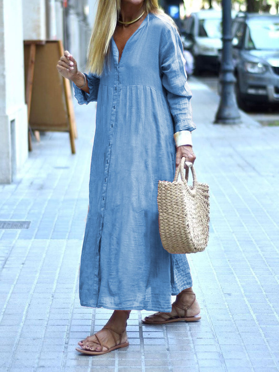 Retro Long Sleeve Loose High Waist Button Casual Dress