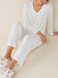 Home Solid Color V-neck Two-piece Suit