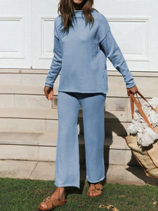 Simple Casual Loose Long Sleeve Top Pants Knitted Suit
