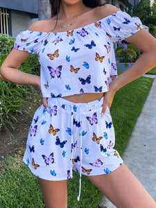 Printed One Shoulder Shorts Casual Set