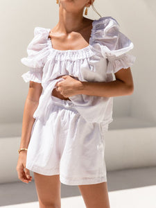 Casual Loose Solid Color Bubble Sleeve Two-piece Suit