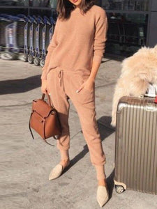 Casual Loose Solid Color Shirt Straps Trousers Knitted Two-piece Suit