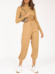Long Sleeve Cropped Top and Loose Trousers Suit