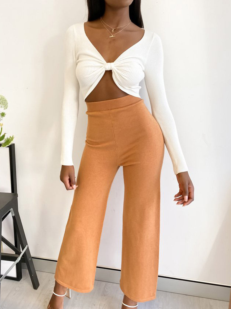 V-neck Pleated Solid Long-sleeved T-shirt