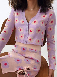 V-neck Floral Print Knit Suit