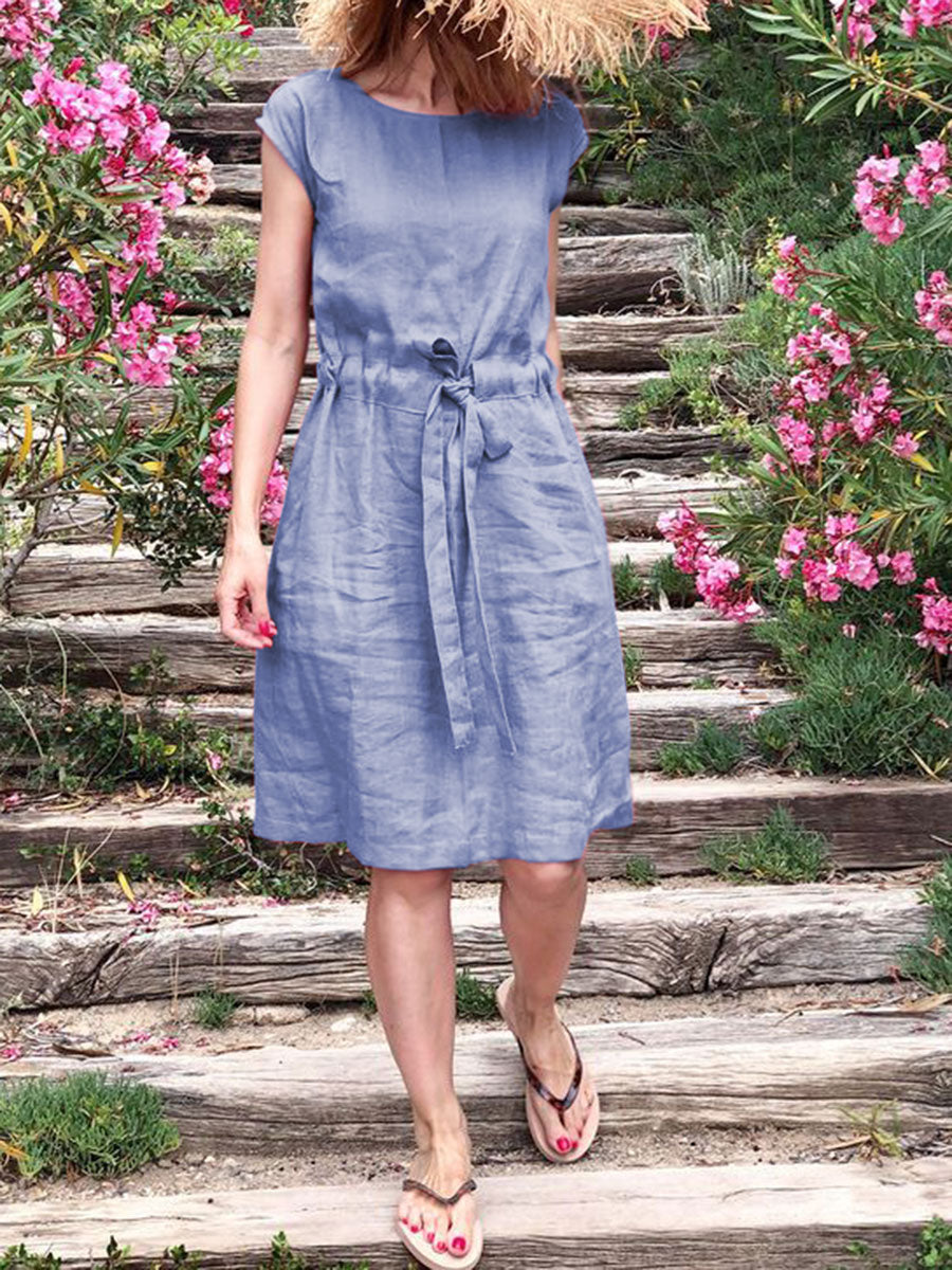 Fashionable Solid Color Round Neck Waist Dress