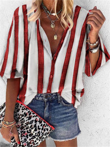 Simple Casual Loose V-Neck Striped Shirt Top
