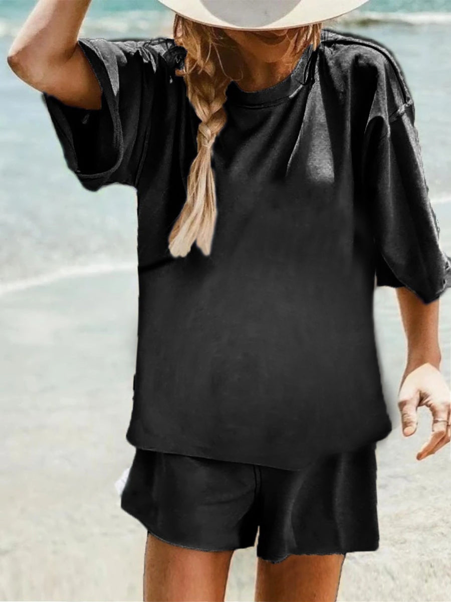 Simple Casual Short Sleeve Top Pants Suit