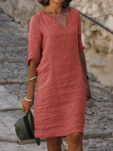 Fashionable Solid Color V-neck Casual Dress