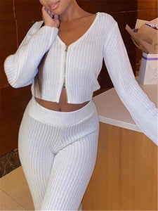 Knit Solid Color Suit with V-neck Zipper