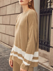 达不到供应链要求，产品下架Round Neck Knitted Striped Color Matching Suit