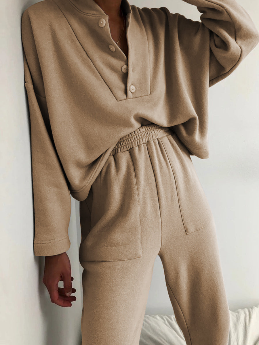 Casual Loose Solid Color Stand Collar Long Sleeve Two-piece Suit