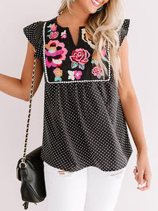 Striped Spot Short Sleeve Women's Blouses with Flowers