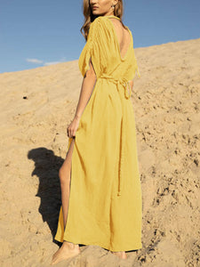 Deep V Neck High Fork Twist Casual Dress