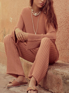 Simple Casual Striped Long-sleeved Top and Pants Suit for Women