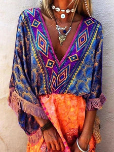 Bohemian Printed Tassel Mini Dress