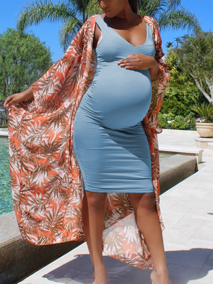 Sexy Sleeveless V-neck Solid Color Maternity Dress