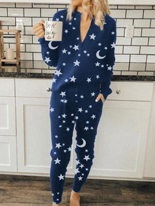 Casual V-neck Star Print Two-piece Suit