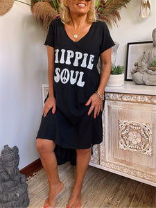 Casual Loose Round Neck Letter Irregular Dress