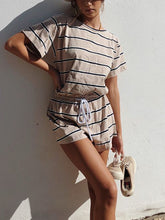 Load image into Gallery viewer, Fashion Casual Striped Printed Round Neck Short Sleeve Two-piece Suit
