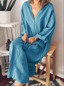 Fashion Casual Long Sleeve Solid Color Maxi Dress