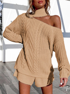 Sexy Hollow Solid Color High Neck Two-piece Suit