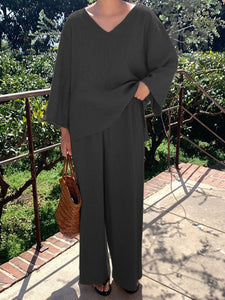Solid Color V-Neck Long Sleeve Casual Suit