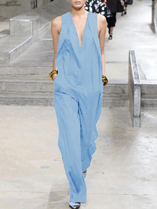 Casual Solid Color Sleeveless V-neck Jumpsuit