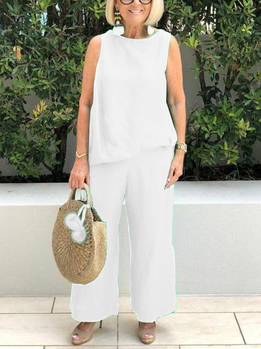 Simple Casual Loose Round Neck Top Pants Set