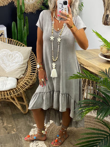 Simple Casual Loose V-Neck Short Sleeve Dress