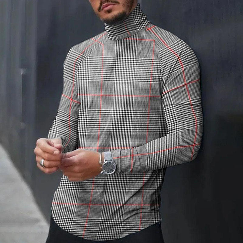 Men'S Stitching Plaid Print High Neck Retro T-Shirt