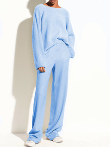Two Piece Set of Casual Loose Round Neck Knitted Top Trousers