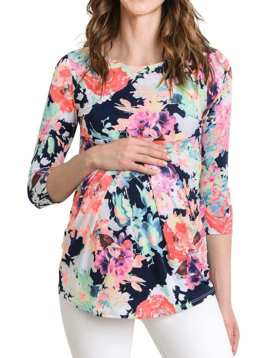 Printed Cropped Sleeves Round Neck Casual Pregnant Maternity Tops