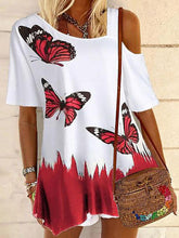 Load image into Gallery viewer, Print Cold Shoulder Short Sleeves Casual Blouses
