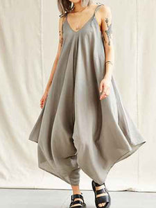 Casual Loose Solid Color V-Neck Sling Jumpsuit