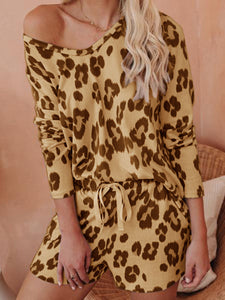 Holiday Round Neck Leopard Print Two-piece Set