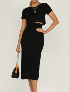 Sexy Solid Color Round Neck Short Sleeve Two-piece Suit