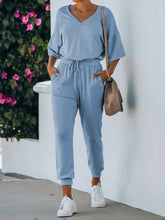 Load image into Gallery viewer, Casual Loose V-Neck Short Sleeve Top Pants Suit
