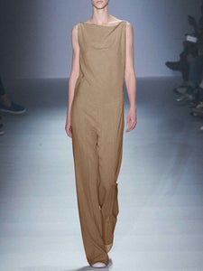 Casual Solid Color Sleeveless Round Neck Jumpsuit