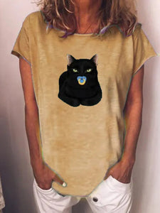 Cat Print Round Neck Short Sleeve Casual T-Shirt